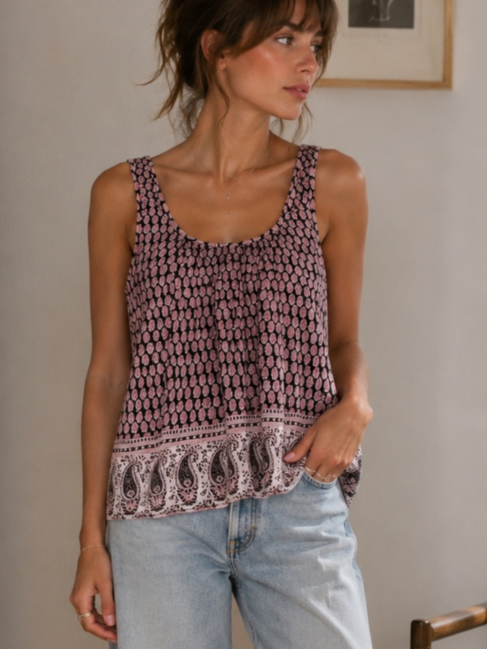 Joie Cotton Paisley Print Cotton Tank Top Black Pink Size S